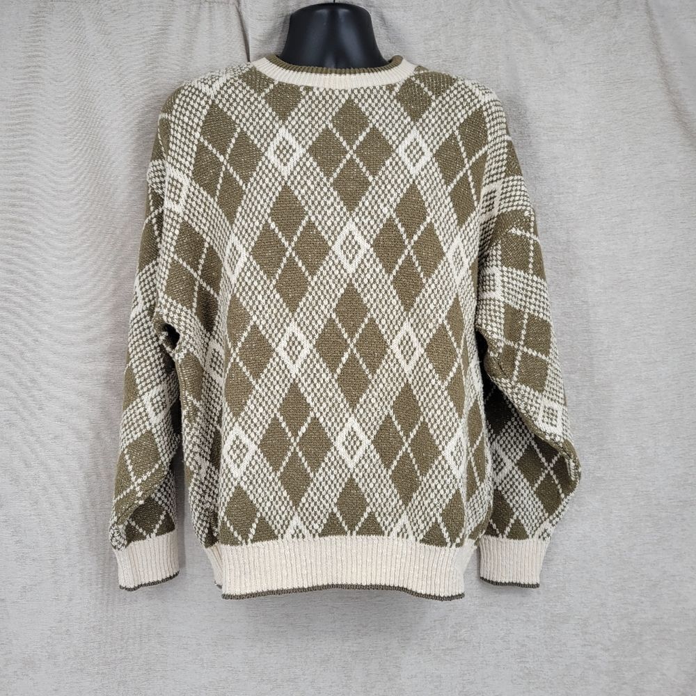 Trader Bay Vintage Argyle Knit Cotton Sweater Crewneck Sage Off White Men's L